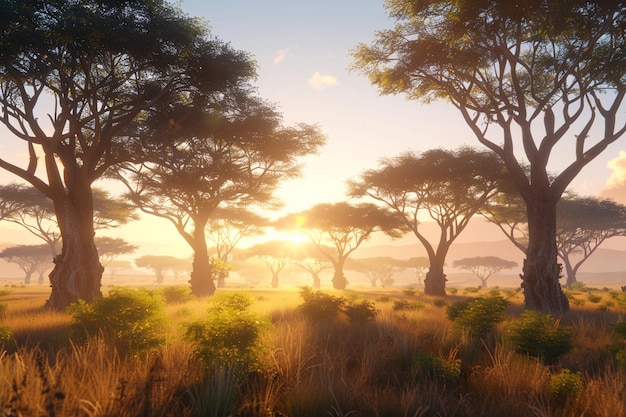A sundrenched savannah dotted with acacia trees oc