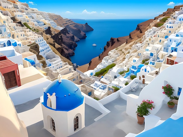 A sundrenched view of the iconic whitewashed buildings of Santorini Greece