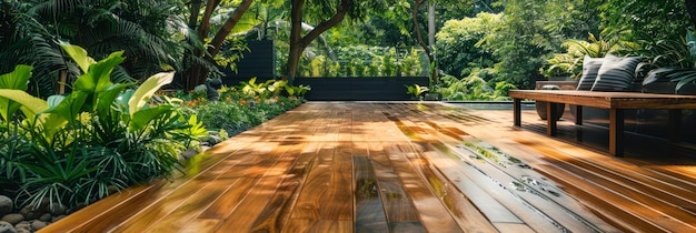 Photo sundrenched wooden deck leading to a tropical garden paradise
