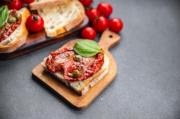 sundried tomato bruschetta healthy meal food snack on the table copy space food background rustic