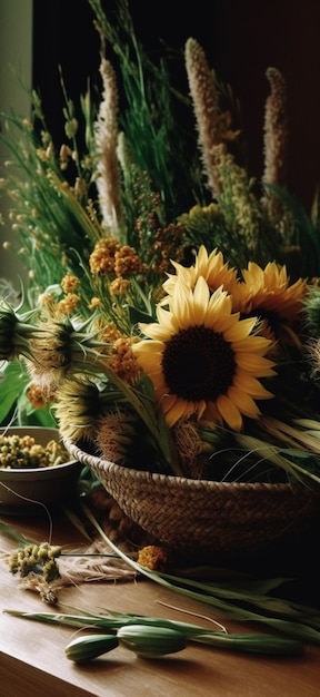 A sunflower in a basket