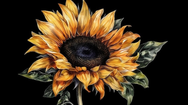 Sunflower on a black background Digital painting Closeupgenerative ai