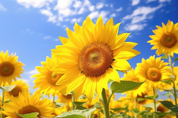 Sunflower blooming and blue sky background Generative Ai