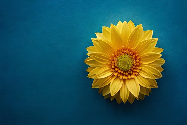 A sunflower on a blue background with a green center