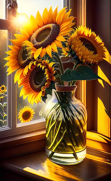 Sunflower bouquet arranged in a rustic vase on a sunlit windowsill