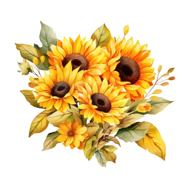 Sunflower bouquet watercolor drawing Yellow flower isolated AI