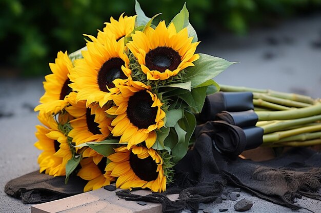 Sunflower bouquet with a basket of fresh fruits