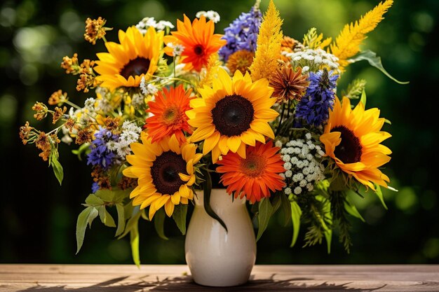 Photo sunflower bouquet with a pair of gardening gloves