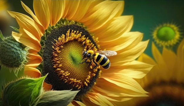 sunflower and bumble bee on natural background