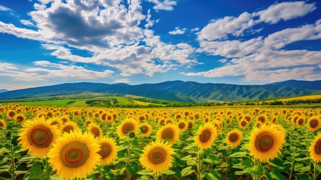 Sunflower farm landscape serene yellow field amidst mountain range producing pure natural