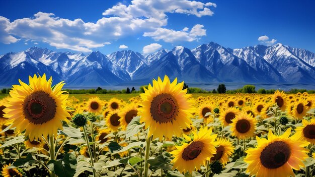 Sunflower field against mountain backdrop ai generated