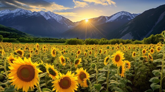 Sunflower field against mountain backdrop ai generated