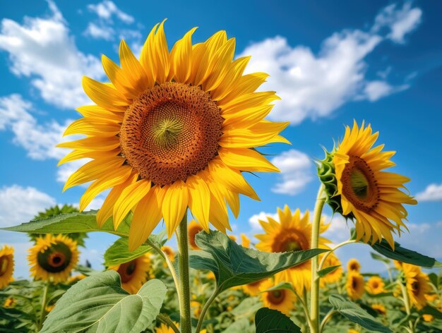 Sunflower field over cloudy blue sky background summer landscape