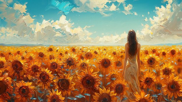 The sunflower field is painted in oil Modern art