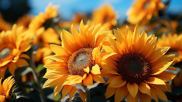 Sunflower field landscape closeup