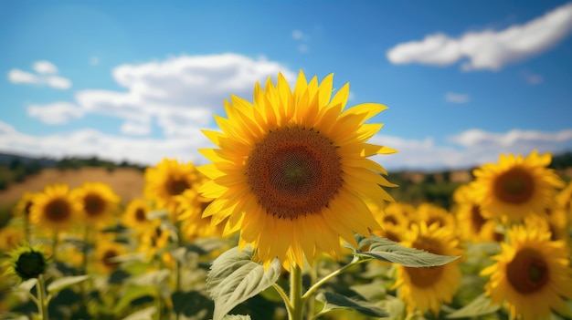 A sunflower in a field of sunflowers