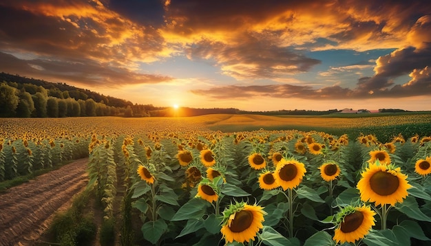 Sunflower field on sunset Beautiful nature landscape panorama Farm field idyllic scene