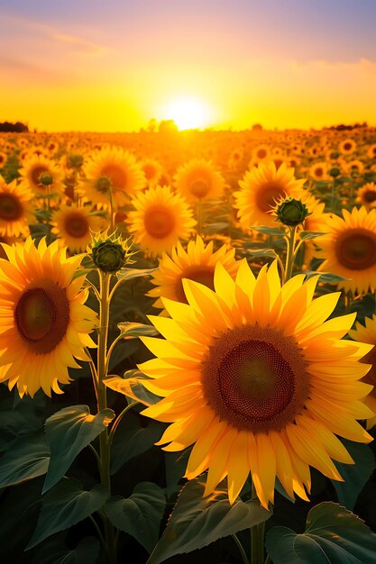 Sunflower field at sunset golden hues and lens flare telepho hyper realistic illustration photo art