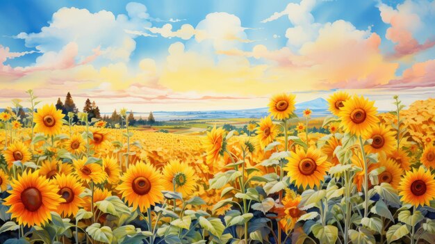 A sunflower field watercolor loose brushstrokes warm tones AI Generative