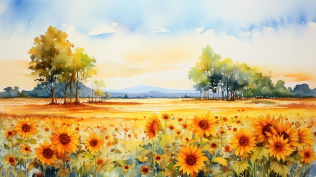 A sunflower field watercolor loose brushstrokes warm tones AI Generative