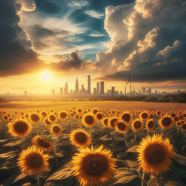 Sunflower field with cloudy blue sky