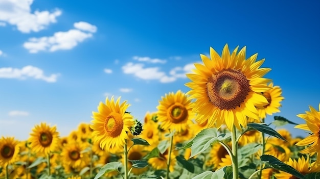 Sunflower field with cloudy blue sky