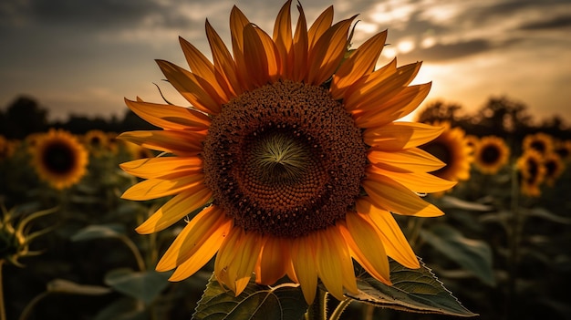 A sunflower in a field with the sun behind it