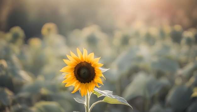 a sunflower in a field with the sun behind it