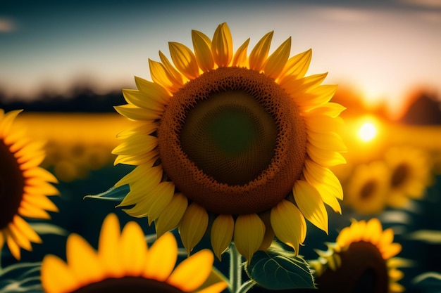 A sunflower in a field with the sun setting behind it