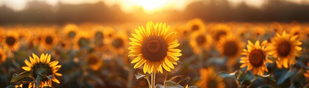 Photo sunflower field with the sun setting