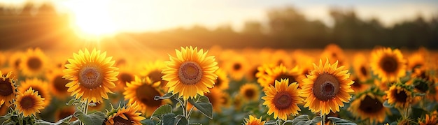 Photo sunflower field with the sun setting