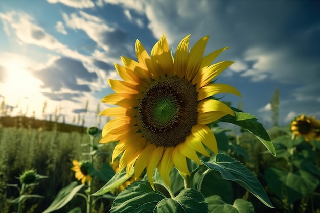 A sunflower in a field with the sun shining through the clouds.