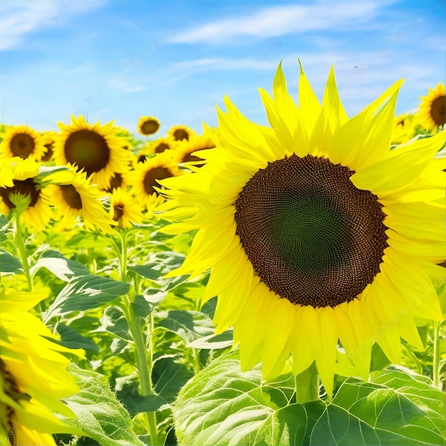 Sunflower field with sunlight closeup