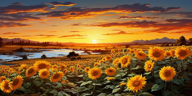 Sunflower Field with Sunset in the Background