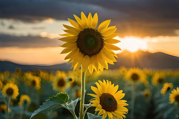 A sunflower field with a sunset in the background