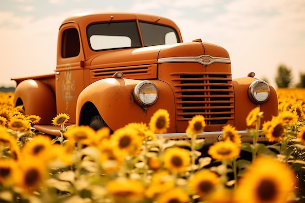 Foto campo di girasoli con un camion d'epoca