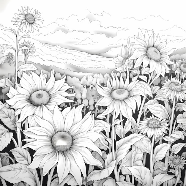 Солнечный цветок Фиеста мультфильм поле раскраски страницы с черно-белыми наслаждениями