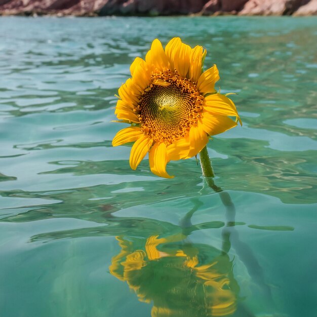 Foto un girasole che galleggia nell'acqua con il riflesso di una montagna nell'acqua