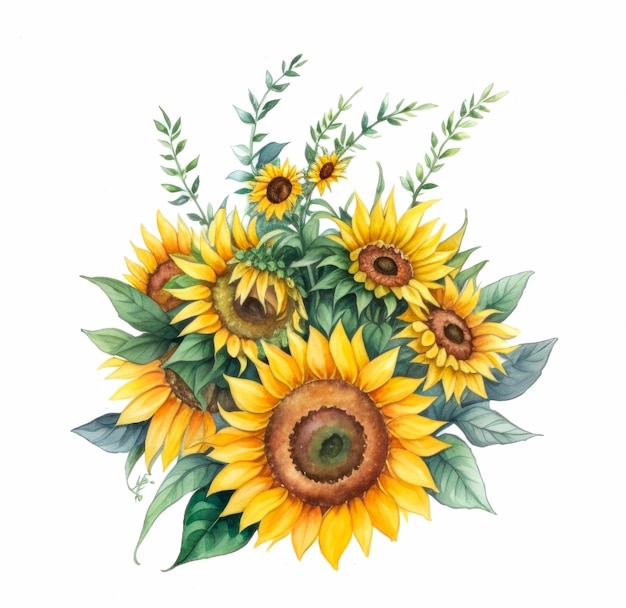 Sunflower floral bouquet Watercolor illustration AI Generative