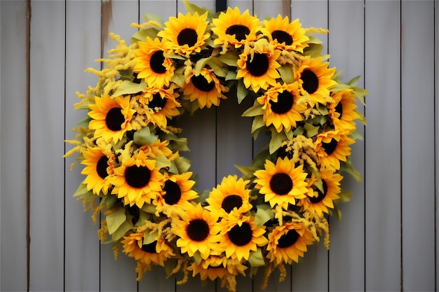 Sunflower floral wreath hanging on front door