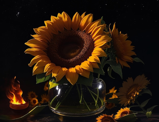 Sunflower flower on fire in a vase dark moonlit night scene in the background AI generated