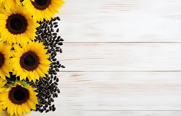 sunflower flowers with leaves and seeds on white wooden table so