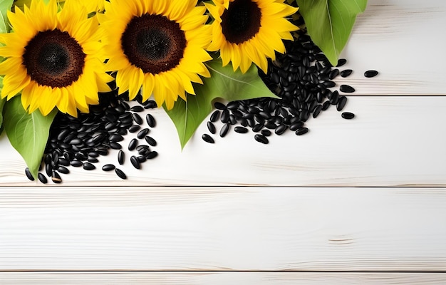 sunflower flowers with leaves and seeds on white wooden table so