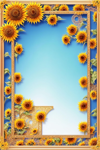 Foto cornice girasole su sfondo blu