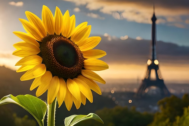 A sunflower in front of the eiffel tower