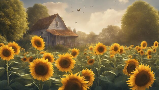 Sunflower Garden in front of Old House