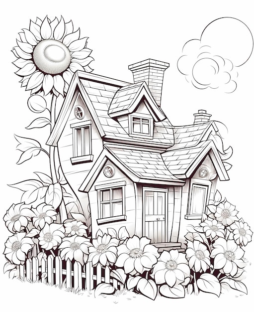 Sunflower Garden Fun Kids Coloring Page with a Charming Cartoon House