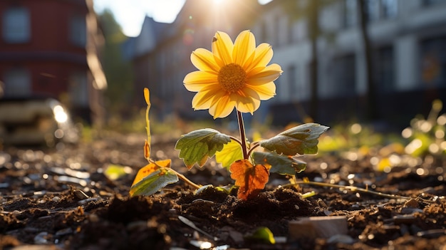 A sunflower growing out of the ground in front of a building