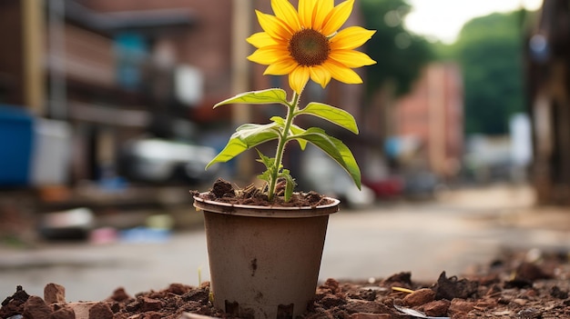 a sunflower growing in a pot on the street