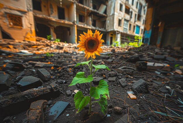 Sunflower growing up from the rubble